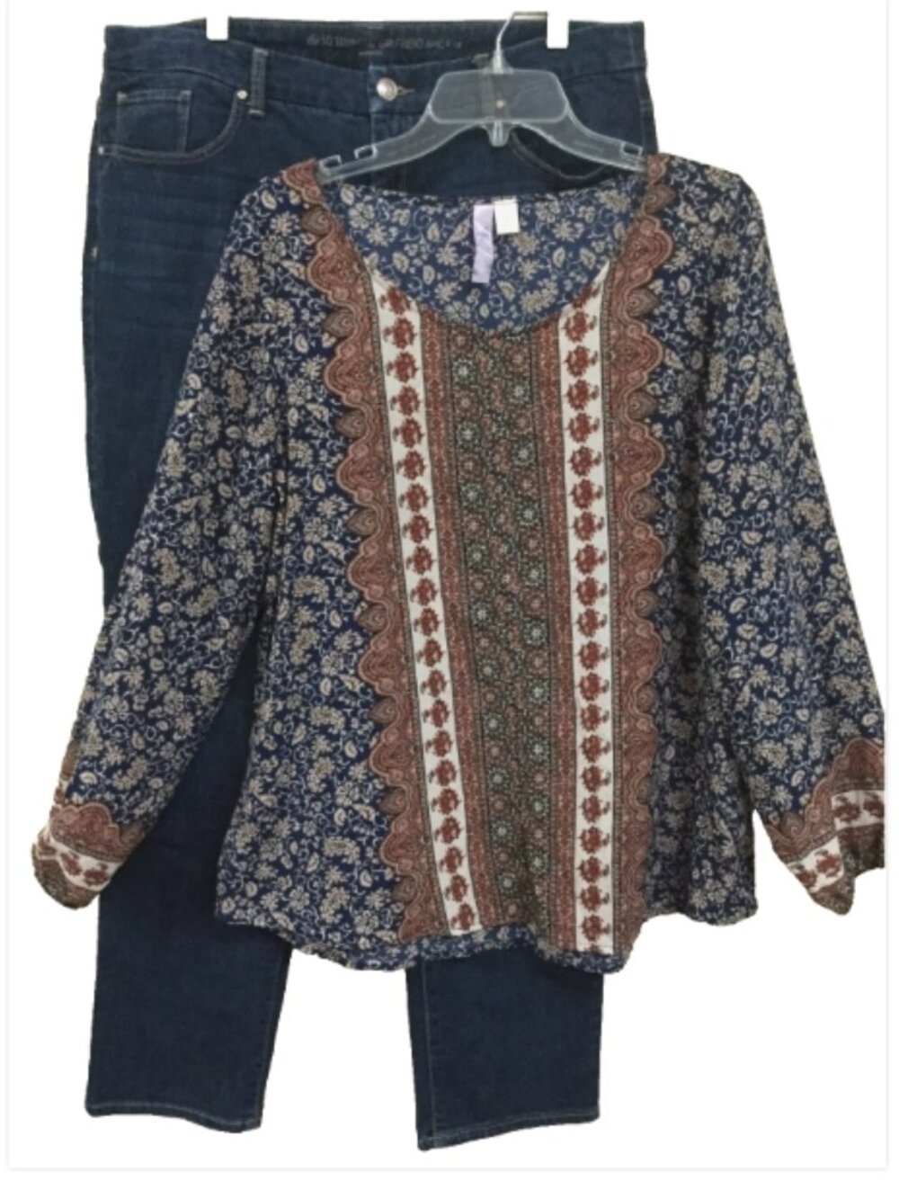 Alya Women Size L Peasant Boho Blouse Top Long Sleeve Pullon navy rust beige